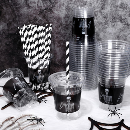 JarThenaAMCS 50Pcs Halloween Disposable Plastic Cups with Lids and Straws 12oz Funny Skeleton Cold Beverage Drinking Cups for Birthday Goth Party Supplies