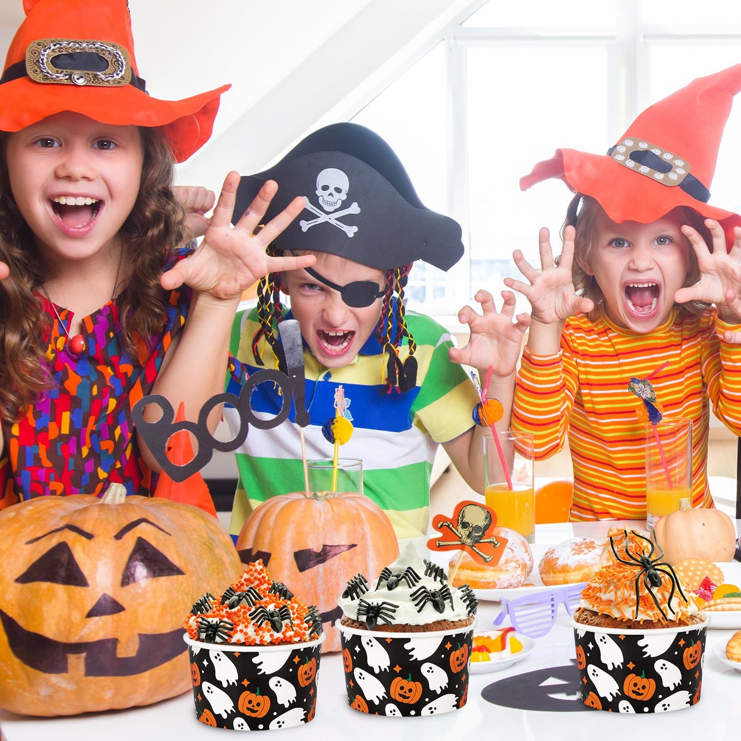 JarThenaAMCS 50Pcs Halloween Treat Snack Cups 8oz Pumpkin Ghost Ice Cream Bowl Spooky Disposable Paper Bowls for Hot Cold Food Halloween Decorations