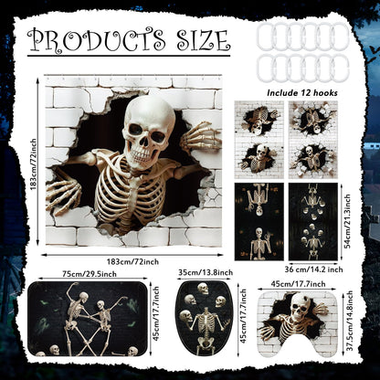 FuWeave 8 Pcs Halloween Shower Curtain Set, Skeleton Breakthrough Bathroom Decor with 3D Wall-Breaking Skull, Include Non-Slip Bath Mat, Toilet Lid Cover, Towels and 12 Hooks for Gothic Bathroom