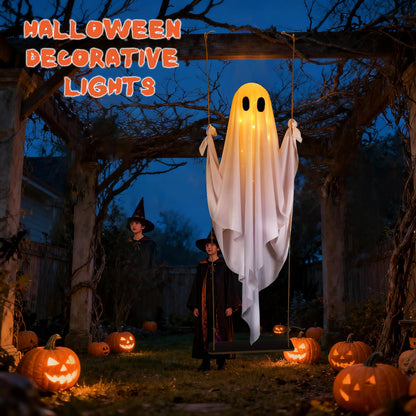 Yywsya Halloween Decorations Outdoor Large Hanging Swing Ghost with String Lights Remote Control Halloween Swinging Ghost Decor for Tree Porch Yard Garden Lawn