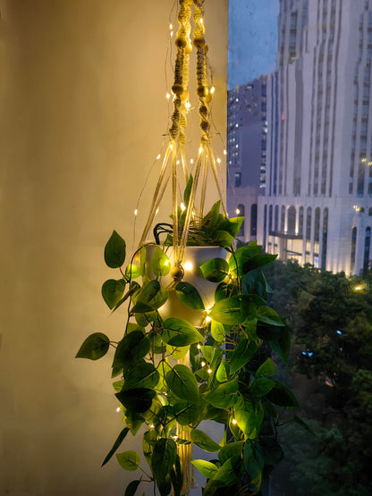 2 Pack Macrame Plant Hanger with Lights Indoor Hanging Planter Basket with Wood Beads Flower Pot Holder Handwoven Cotton Rope Tassels for Boho Home Window Decor 43.5 Inch, Ivory (POTS NOT Included)