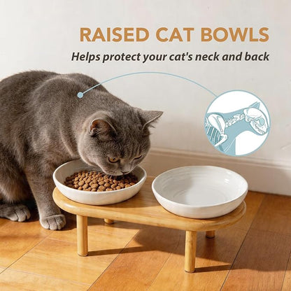 Havniva Elevated Cat Bowls Raised Ceramic Cat Bowl, 5.7” Wide Opening Cat Food Bowl Whisker Friendly Cat Dish Anti-Slip with Bamboo Stand, Shallow Pet Food & Water Bowl for Indoor Cats