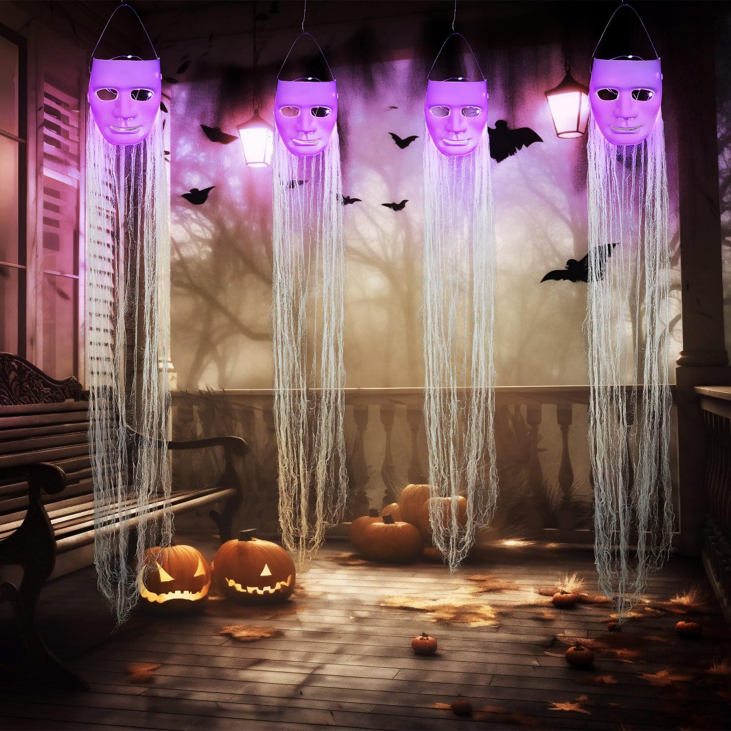 VitalCozy 4 Pcs Halloween Decorations Outdoor Hanging Ghost White Masks with Purple LED Lights Swinging Floating Glowing Ghost Light up Halloween Outdoor Tree Lawn Yard Garden Porch Decorations