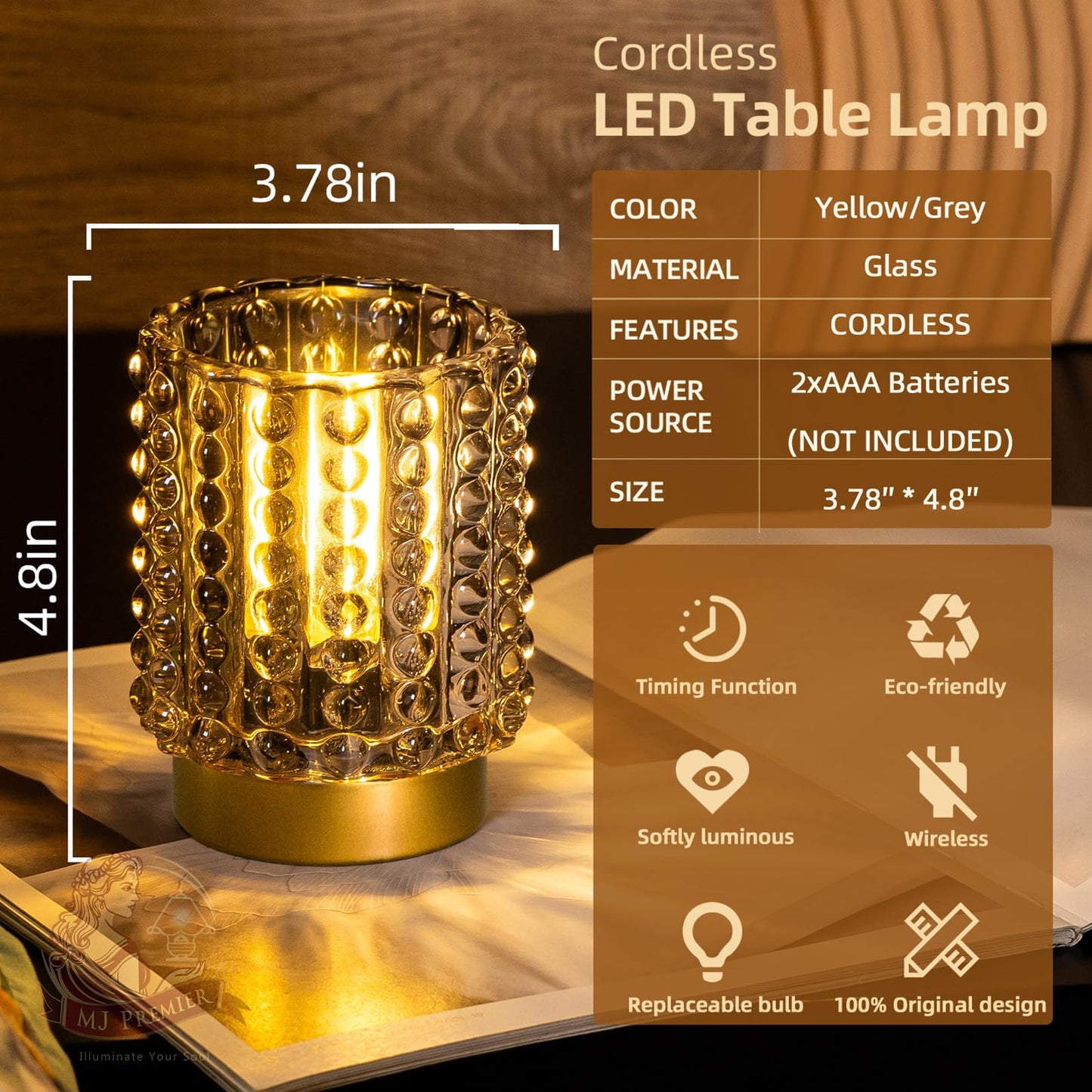 Battery Operated Lamp with Timer, Mini Crystal Table Lamps for Home Decor, Small Cordless Lamp for Areas No Outlets, Glass Battery Powered Lamps for Entryway, Bedroom, Bathroom, Shelf, Corner (2 Grey)