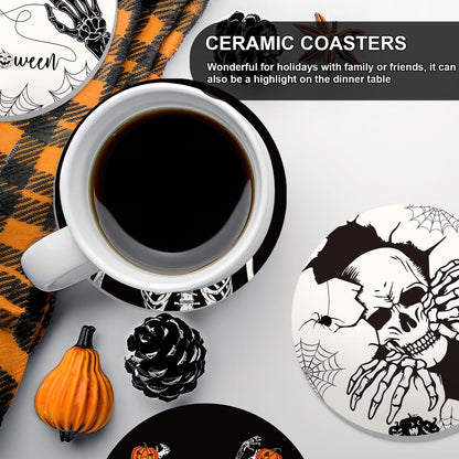 Whaline 4Pcs Halloween Ceramic Coasters Skeleton Pumpkin Drink Coasters Absorbent Cup Mat for Mug Cup Home Kitchen Party Table Decor