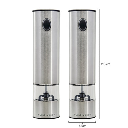Cole & Mason H3004480 Battersea Salt and Pepper Mills | Electronic | Stainless Steel/Acrylic | 210mm | Gift Set | Includes 2 x Electric Salt and Pepper Grinders | Lifetime Mechanism Guarantee