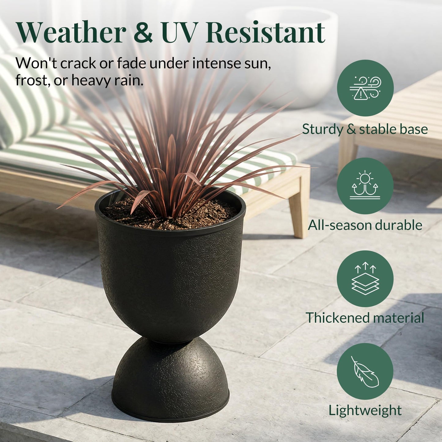 KOL Planters Flower Pots, Plastic Urn Planters for Indoor Outdoor Plants, Black Pedestal Planter Pots 2 Pack, 15 Inch Tall Decorative Planters with Drainage Holes & Plugs for Front Porch Patio Garden