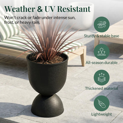 KOL Planters Flower Pots, Plastic Urn Planters for Indoor Outdoor Plants, Black Pedestal Planter Pots 2 Pack, 15 Inch Tall Decorative Planters with Drainage Holes & Plugs for Front Porch Patio Garden