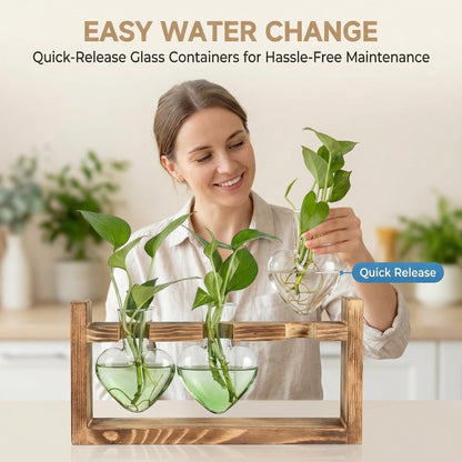 Plant Propagation Station 3Pcs Heart Vase with Wooden Stand Tabletop for Hydroponics Indoor Home Table Decor for Her Plant Lovers Women Mom Wife Daughter (Green)