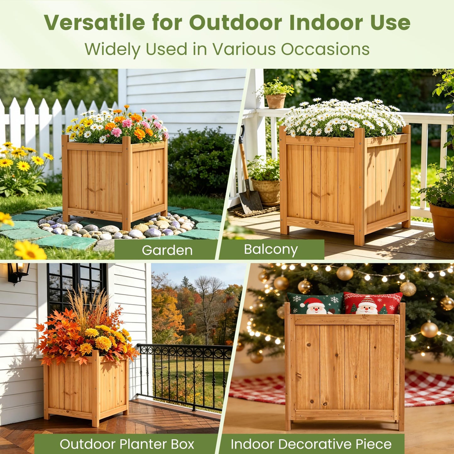 Ultym Set of 2 Fir Wood Square Planter Boxes, 18" Extra Large Outdoor Flower Box with Removable Drainage Base & Non-Woven Liner, Rustic Wooden Planters for Patio Garden Balcony, Wood Bucket Planter