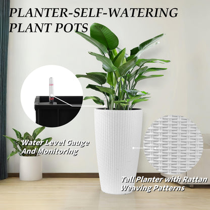 Vigo huseeo 22" Tall Planter Set of 2, Large Self Watering Pots for Indoor/Outdoor Plants with Drain Holes, Water Level Monitor, Inner Bucket for Front Porch Patio, White Rattan Conical