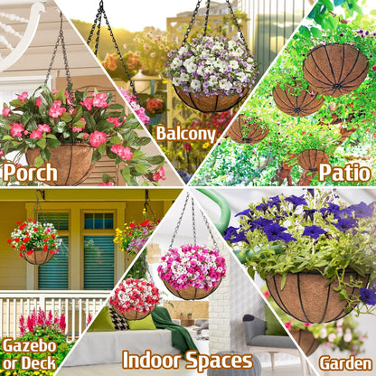 ZeeDix 3 Pack 12 Inch Outdoor Hanging Baskets, Metal Wire Hanging Planters with Coconut Liners, Round Hanging Baskets for Plants Flowers Ferns Home Garden Porch Balcony Railings Decor