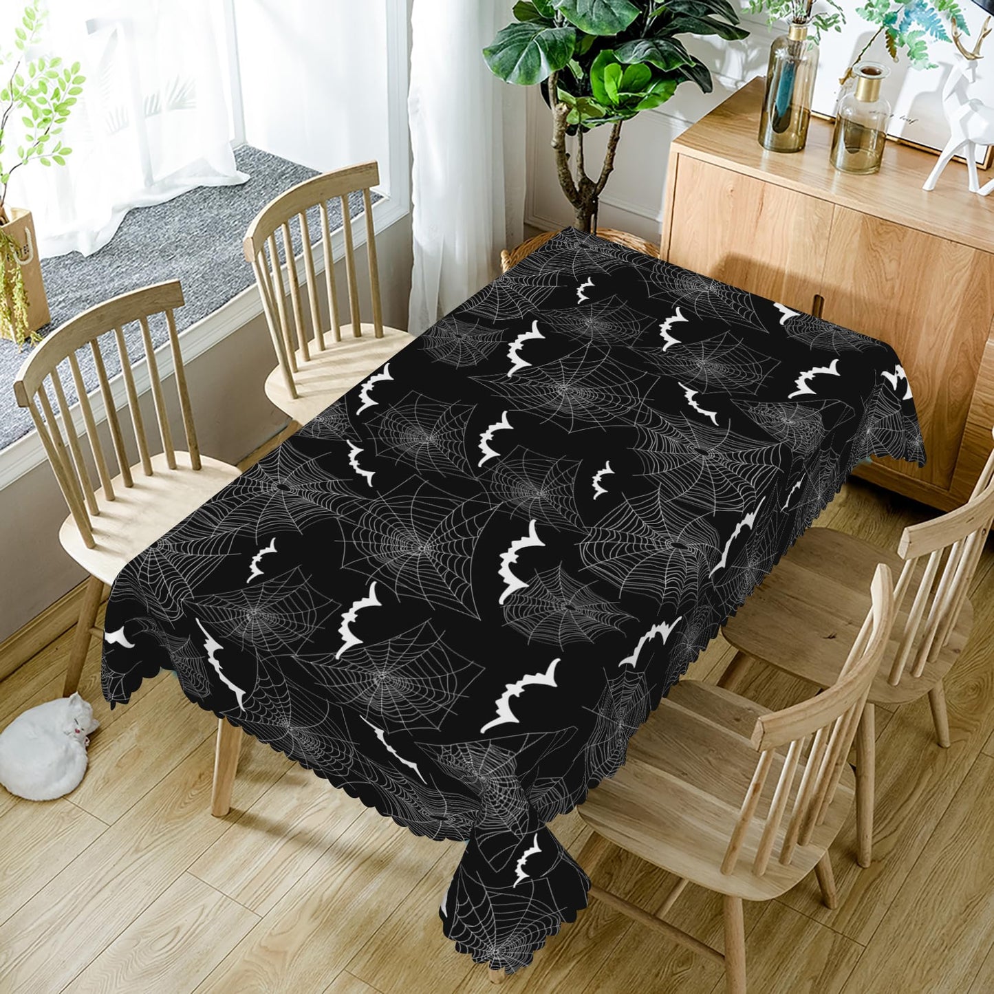 TTQYFNM 70x108inches Halloween Tablecloth Black White Spider Webs Bats Decorative Rectangle Table Cloths Spillproof Washable Polyester Fabric Table Cover for Kitchen Halloween Dinner Party Supplies