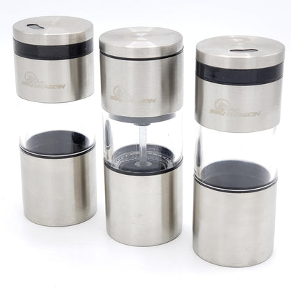 BBQ Dragon 3 Piece Salt and Pepper Shakers Set – Magnetic Stainless Steel Dispensers with Refillable Grinder – Adjustable Lids for Kitchen, Grill and Outdoor Cooking