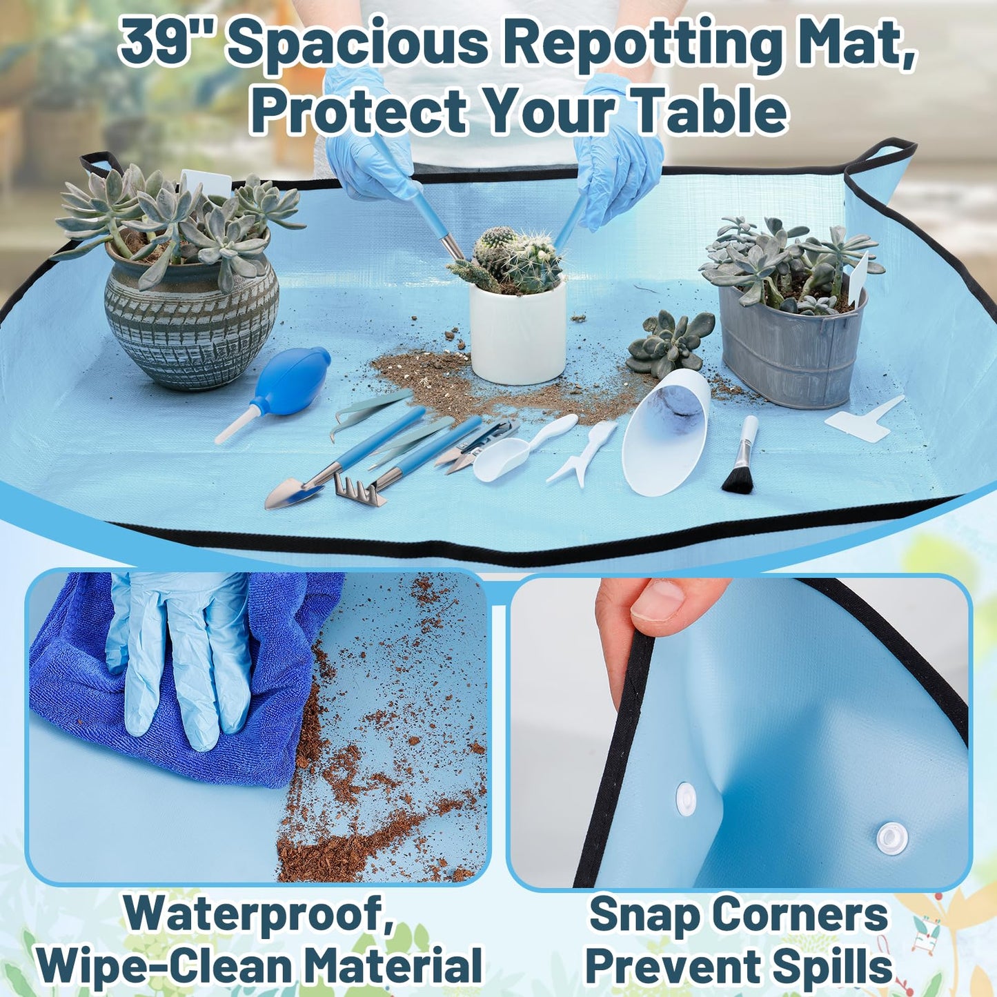 20pcs Small Gardening Tools Gifts for Women Beginners - Garden Hand Tools Set for Indoor Succulent Bonsai Plants Transplanting, Included 39" Plant Repotting Mat/Miniature Shovel/Labels, Blue