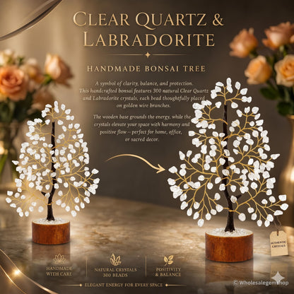Gemscite Clear Quartz Gemstone Tree 10-12" Handmade Feng Shui Figurine Money Bonsai Good Luck Reiki Healing Crystals with Golden Wire Balancing Decoration for Table Room Decor Gift