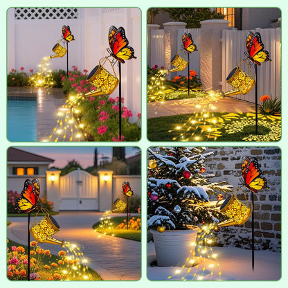 yeuago Solar Lights Outdoor Decorative, Watering Can with Cascading LED Lights on Butterfly Shepherd's Hook, Solar Garden Stake Decor for Yard, Mothers Day Gift for Women Mom