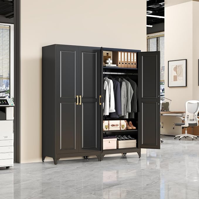 SteeLoong Metal Wardrobe Cabinet with Hanging Rod, 71" Tall Armoire Wardrobe Closet with 2 Doors and Adjustable Shelves, Black Clothing Storage Cabinets for Bedroom, Laundry Room, Cloak Room