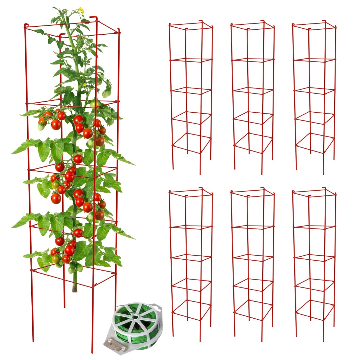 Thealyn Tomato Cages 6 Packs 57 Inches (H) Plant Stand with 164 Feet Twist Ties, Heavy Duty Garden Plants Support for Tomatoes, Cucumber, and Other Climbing Plants (Red)