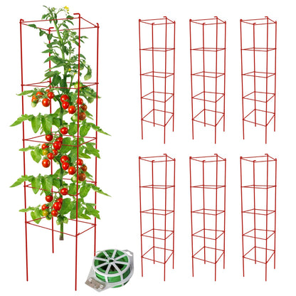 Thealyn Tomato Cages 6 Packs 57 Inches (H) Plant Stand with 164 Feet Twist Ties, Heavy Duty Garden Plants Support for Tomatoes, Cucumber, and Other Climbing Plants (Red)