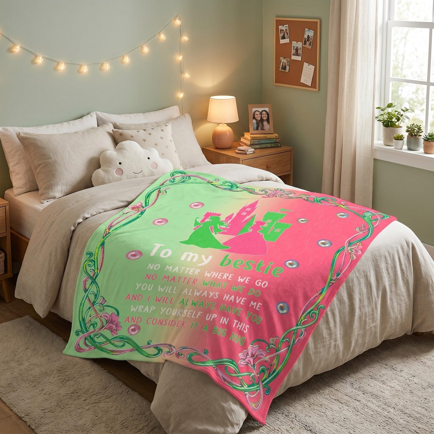 Hillsuren Witch Theme Blanket for Girls Pink and Green Throw Blanket to My Bestie Flannel Blankets 50 x 60 Inch Fun Witch Team Gifts for Women Christmas Halloween Thanksgiving Gift Decoration
