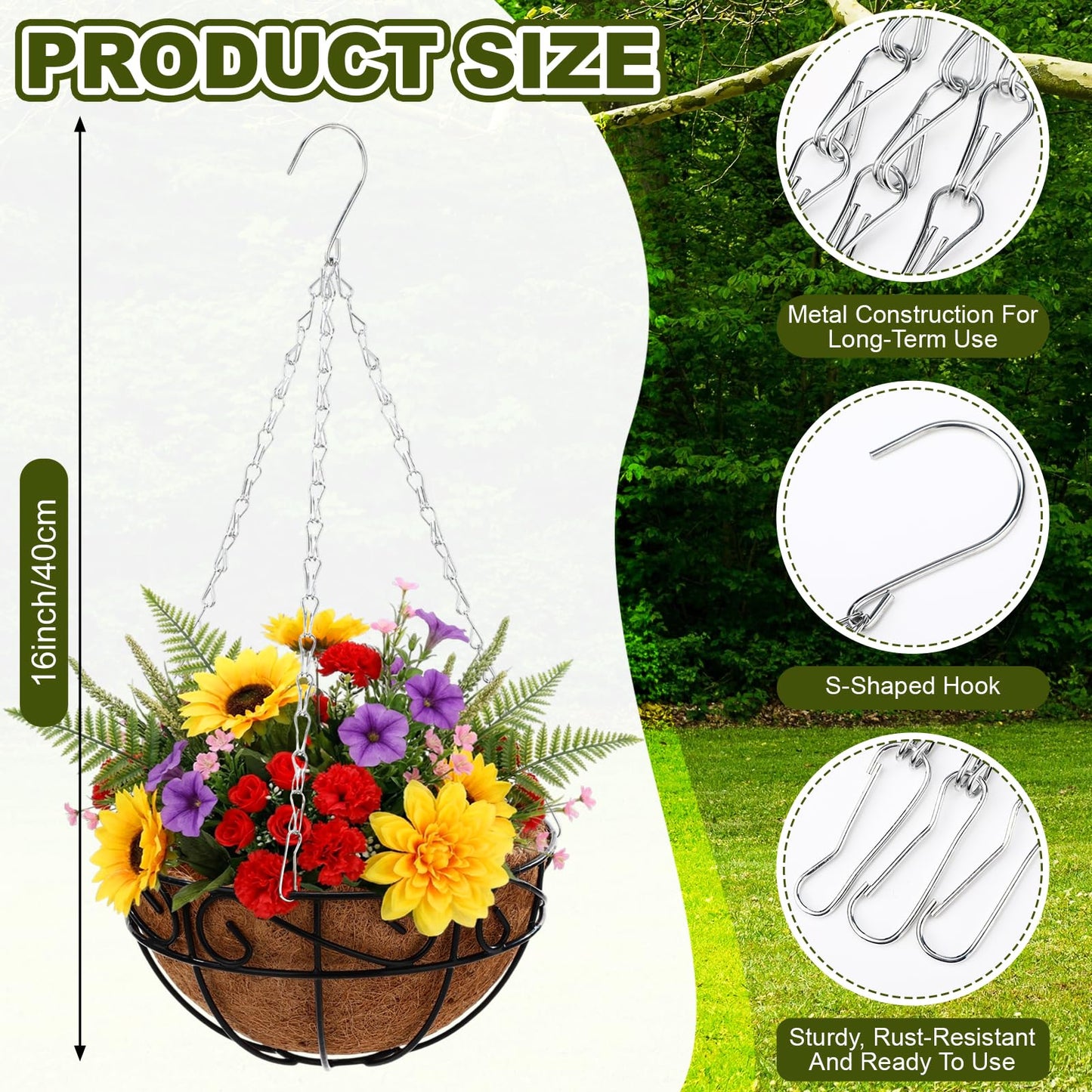 Hicarer 50 Pack Hanging Basket Chain 16 Inch Bulk Chains for Hanging Baskets with Hooks 3 Leads Metal Chain Planter Hangers Outdoor Flower Plant Pot Replacement for Patio Garden Greenhouse Supplies