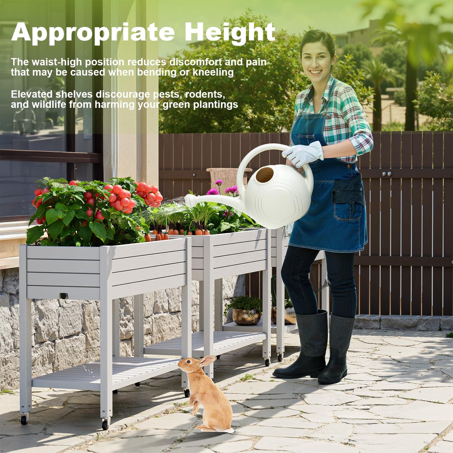 GYMHILL Elevated Raised Garden Bed with Wheels,Outdoor Large Resin Patio Planter Box Stand Divisible with Drain Plug,Water Monitor for Plants Vegetables Flowers Fruits(Ashen)