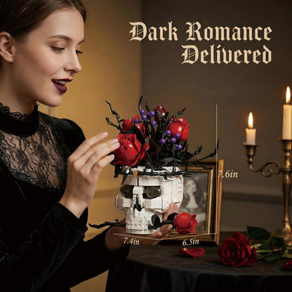 Holexapyd Gothic Skull Roses Flower Building Set for Adults, Horror Botanical Skeleton Pot Home Table Decor, Cool Unique Collectible Halloween & Valentine's Day Gifts with Box (1376 PCS)