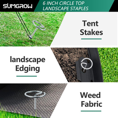 SUMGROW 120 Pack 6-inch, Landscape Staples, Fabric Pins, Weed Barrier Stakes, Circle Top Galvanized Steel Spikes for Securing Outdoor Tent, Ground Sheets, Fleece, Edging, Lawn Turf, Decorations