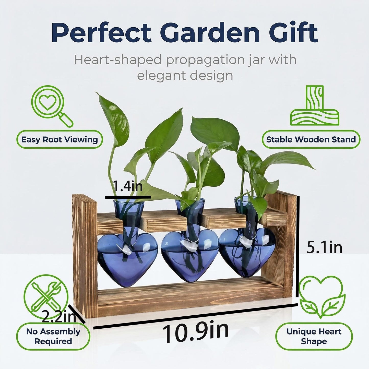 Plant Propagation Station 3Pcs Heart Vase with Wooden Stand Tabletop for Hydroponics Indoor Home Table Decor for Her Plant Lovers Women Mom Wife Daughter (Blue)