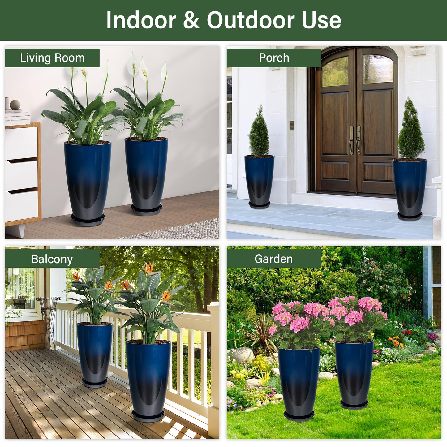 Neoaider Set of 2 Lightweight Ceramic-Look Tall Planter, 21 inch Large Plastic Planter with Drain Hole & Saucers, Large Outdoor Planters for Porch, Garden, Patio, Balcony(Dark Blue)