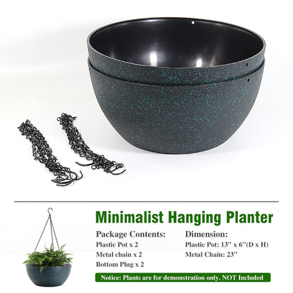 WOUSIWER 13 inch 2 Pack Large Hanging Planters for Indoor Outdoor Plants with Drainage Holes and Chain, Round Hanging Flower Pots for Garden Home Porch Decor, Black with Green Speckles