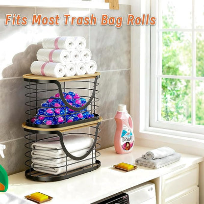 Haotao 2 Pack Trash Bag Holder，Stackable Trashbag Dispenser With Bamboo Lid，Wall Mount Garbage Bag Dispenser Organizer for Kitchen Laundry Room Under Sink