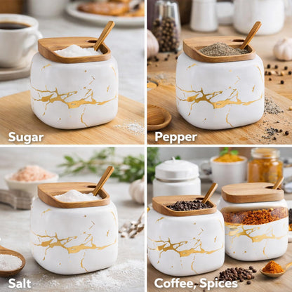 JFFLYIT Marble Ceramics Sugar Bowl Ceramic Seasoning Box Ceramic Spice Jars Porcelain Condiment Pots with Lid and Spoon (White)