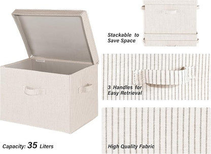 StorageWorks Fabric Storage Bins with Lid, Decorative Storage Boxes for Shelves, Stackable Closet Organizer Basket with Handles, Jumbo, Khaki and Beige Stripes, 2-Pack