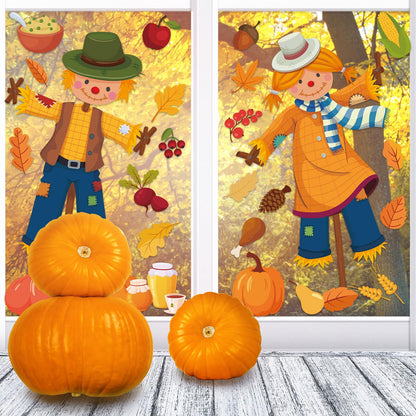Thanksgiving Fall Window Clings Decorations Extra Large Fall Scarecrow Window Stickers Autumn Leave Pumpkin Glass Windows Decal for Home Office Classroom Decor Thanksgiving Autumn Party Supplies