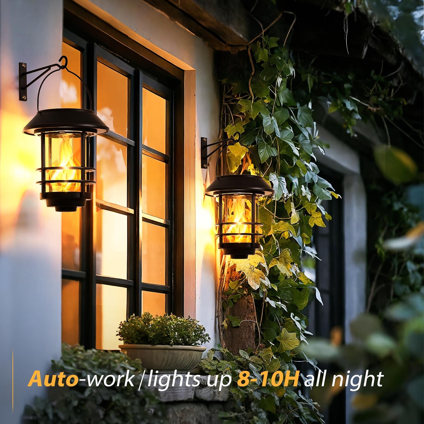 Otdair Solar Lanterns Outdoor Waterproof, 2 Pack Flickering Flames Wall Garden Decor , Hanging Solar Lights Wall Mount Decorations for Halloween, Front Porch, Patio, Yard