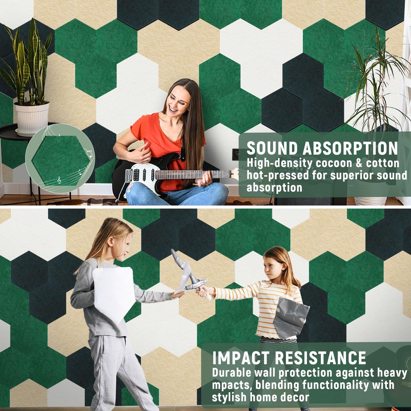 16Pcs Hexagon Felt Cork Board Tiles Self Adhesive Hexagon Wall Tiles with 60 Push Pins 20 Wooden Clips DIY Bulletin Board Pin Boards for School Office Home Photos Memos Display (Green Brown)