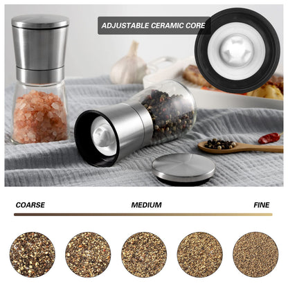 VEVOK CHEF Salt and Pepper Grinder Set Stainless Steel Adjustable Coarseness Ceramic Pepper Mill Salt Crusher with Silicone Tray Salt and Pepper Shaker Spice Grinder Kitchen