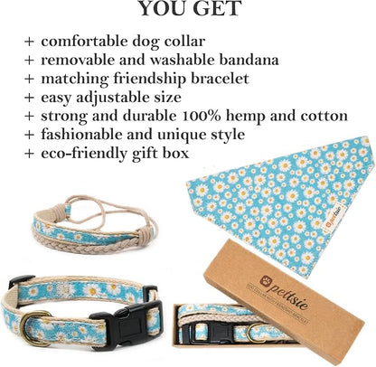 Pettsie Hemp Dog Bandana Collar & Matching Owner Friendship Bracelet | Matching Friendship Bracelet, Durable Hemp, Adjustable, Secure D-Ring, Soft & Comfortable, Turquoise