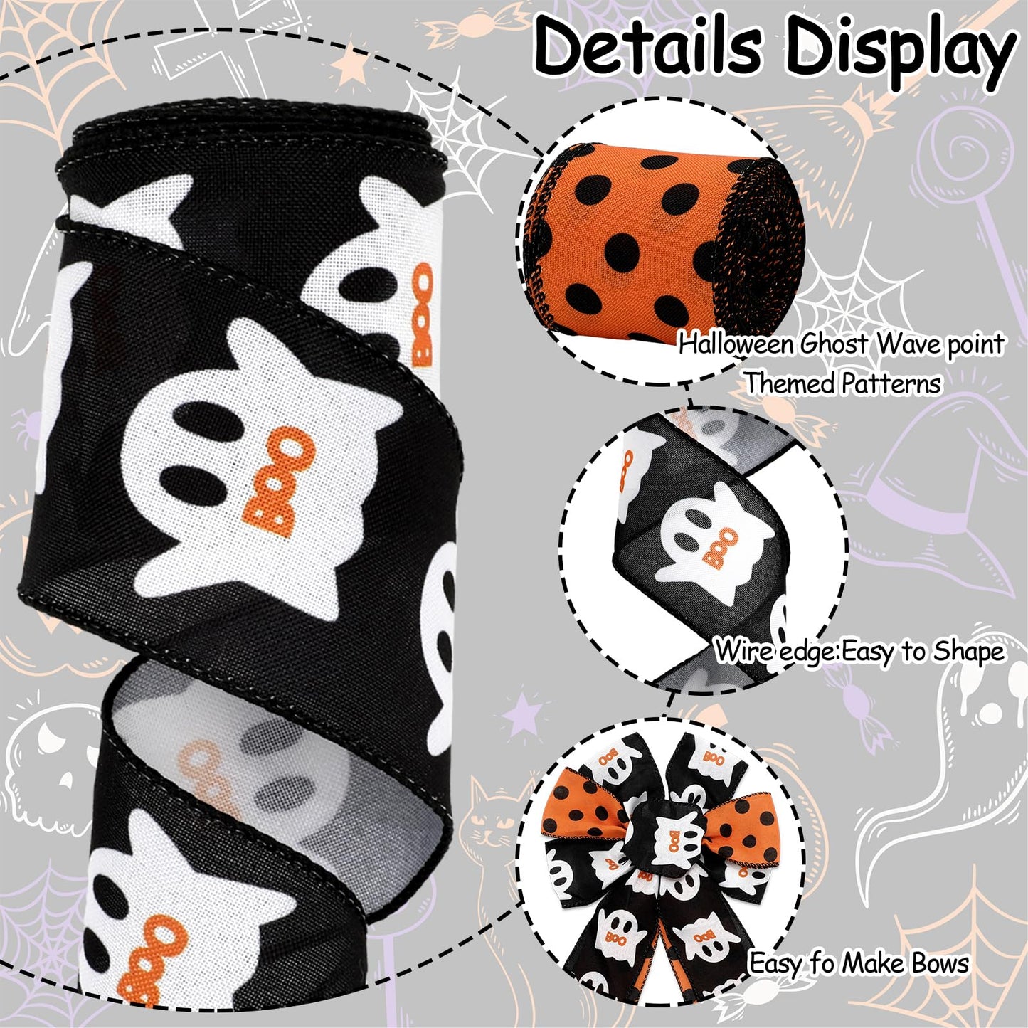 JarThenaAMCS Halloween Wired Edge Ribbon 2.5 Inch 20 Yards Orange Black Ghost Dots Ribbon Spooky Gift Wrap Ribbon for Bow Wreath Craft Party Decor, 2 Roll