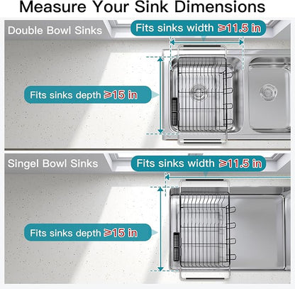 JASIWAY Black Dish Drying Rack in Sink, Expandable Stainless Steel Dish Drainers for Kitchen Counter, Dish Dryer Rack for Inside Sink, Over The Sink Dish Racks with Utensil Holder