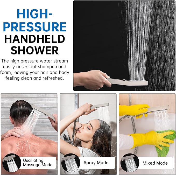 G-Promise All Metal 14 Inch Rain Shower Head with Massage Mode Handheld Spray Combo, 3-Way Diverter with Pause Setting, Full Body Coverage, Modern Bathroom Upgrade (Brushed Nickel)