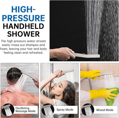 G-Promise All Metal 14 Inch Rain Shower Head with Massage Mode Handheld Spray Combo, 3-Way Diverter with Pause Setting, Full Body Coverage, Modern Bathroom Upgrade (Brushed Nickel)