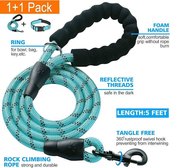Ladoogo Reflective Dog Collar Padded with Soft Neoprene Breathable Adjustable Nylon Dog Collars for Small Medium Large Dogs (Small (Pack of 1), Blue Collar+Leash)