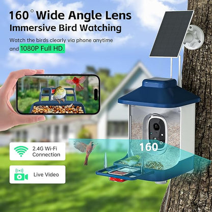 Bird Feeder with Camera, AI Bird Identification, Full HD Live Video, Solar Powered, 2.4Ghz WiFi, Instant Arrival Alerts - Best Gifts for Bi rd Lover