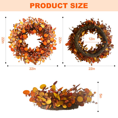 MAINGKAUNG Fall Wreath 22 Inch Fall Wreaths for Front Door Autumn Pumpkin Wreaths with Orange Eucalyptus Leaves and Berries for Indoor Outdoor Thanksgiving Harvest Festival Celebrations