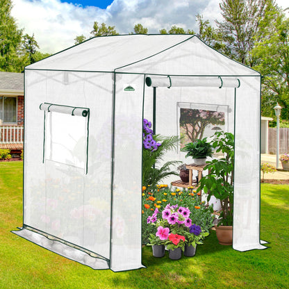 EAGLE PEAK 6x6 Portable Pop Up Greenhouse, Patented Center Lock Easy One Person Setup, Walk-in Outdoor Greenhouse with Gable Roof, Weight Bags, Zippered Doors & Windows, White