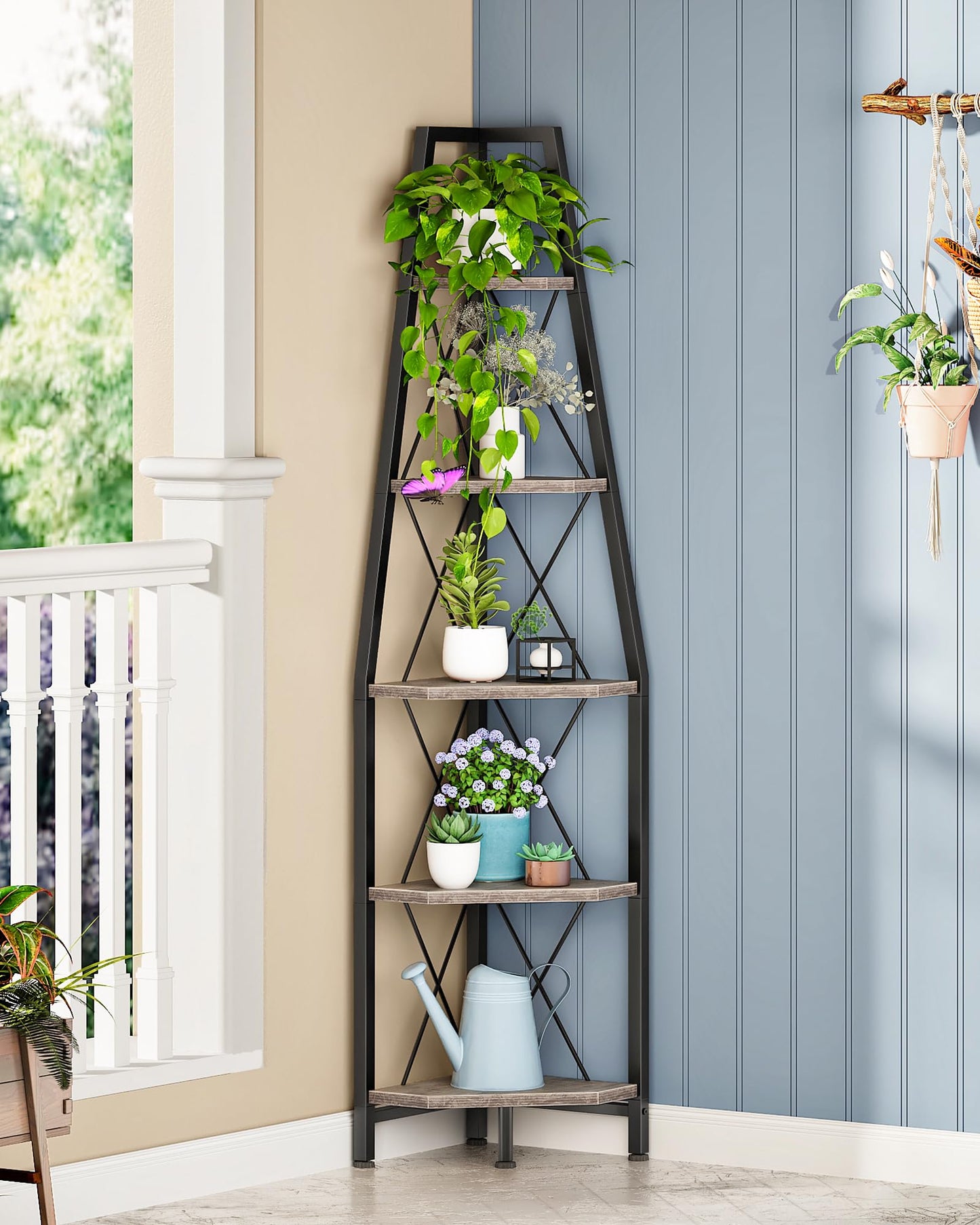 CHOEZON 5-Tier Corner Shelf, Corner Bookshelf, Ladder Shelf, Floor Standing Storage Rack, Open Display Stand, Plant Stand, for Living Room, Bedroom, Study, Bathroom, Greige and Black TCJ22BG