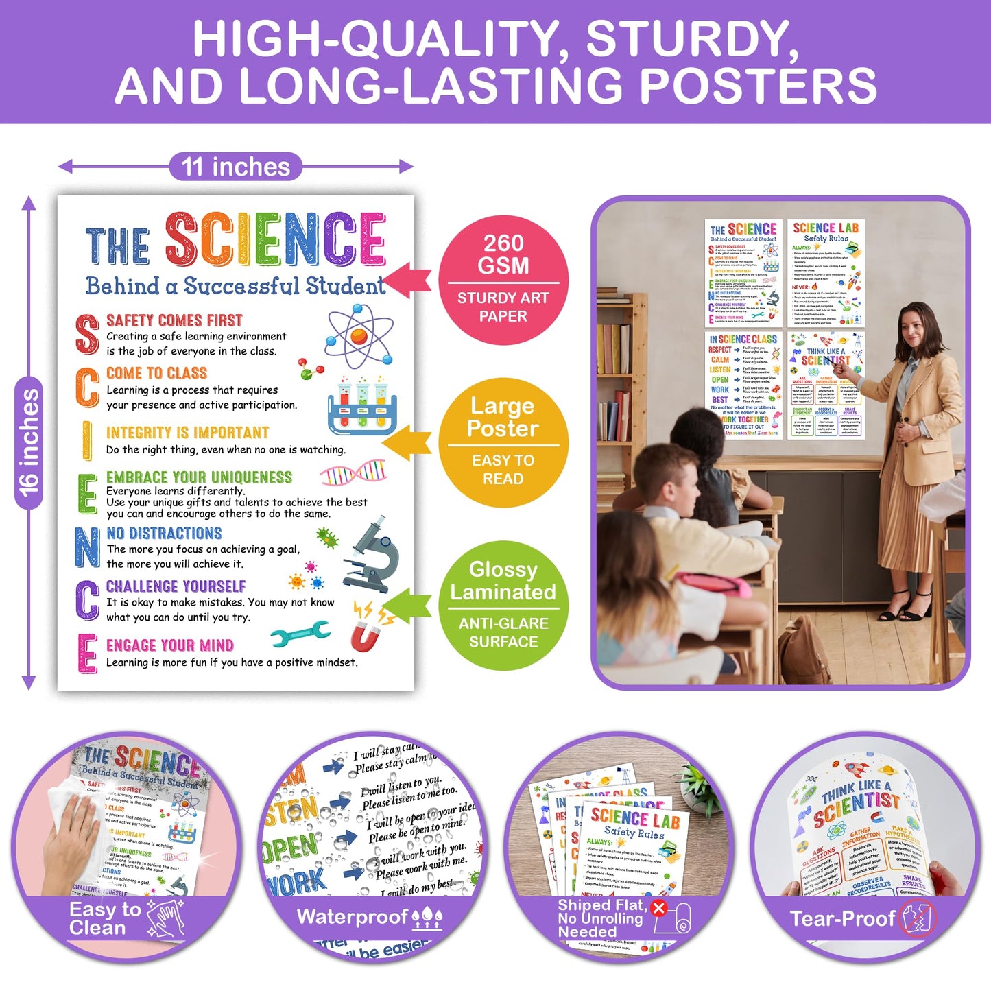 Lalunia 4 Pcs Science Posters for Classroom Decor (11"x 16") - Lab Safety Rules, STEM Wall Art for Middle School, Teacher Supplies, Bulletin Board Decorations, Science Classroom Must Haves
